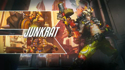 HD PC desktop wallpaper featuring Junkrat, a character from the video game Overwatch, in dynamic action poses with explosions in the background.