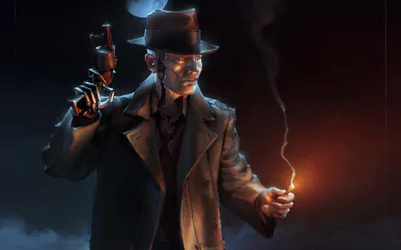 A high-definition wallpaper featuring Nick Valentine from Fallout 4, showcasing him in a dark setting holding a gun and a lit cigarette, embodying a noir detective theme.