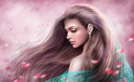 HD fantasy digital artwork of a woman with long flowing hair surrounded by soft pink petals, designed as a PC desktop wallpaper and background.