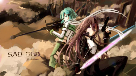 A dynamic HD wallpaper featuring Shino Asada and Kazuto Kirigaya from the anime Sword Art Online II, set against a dramatic landscape with vibrant colors and action-ready poses.