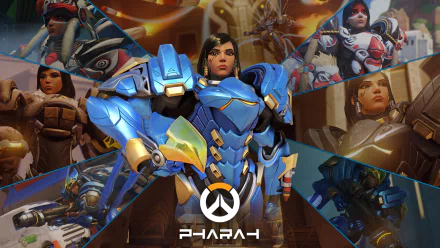 Dynamic HD wallpaper featuring Pharah from Overwatch, showcasing her iconic blue armor and various action poses from the game, complete with the Overwatch logo.