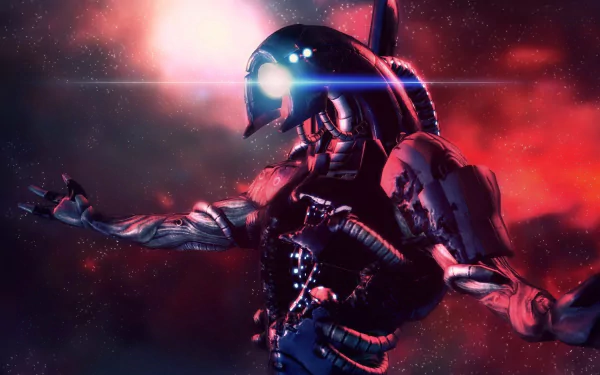 HD desktop wallpaper featuring Legion, the robot character from the Mass Effect video game series, set against a dramatic red and dark cosmic background.