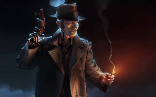 A high-definition wallpaper featuring Nick Valentine from Fallout 4, showcasing him in a dark setting holding a gun and a lit cigarette, embodying a noir detective theme.