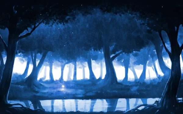 A serene anime forest scene at dusk, featuring dark trees and a serene reflection in a tranquil pond, creating a captivating HD desktop wallpaper.