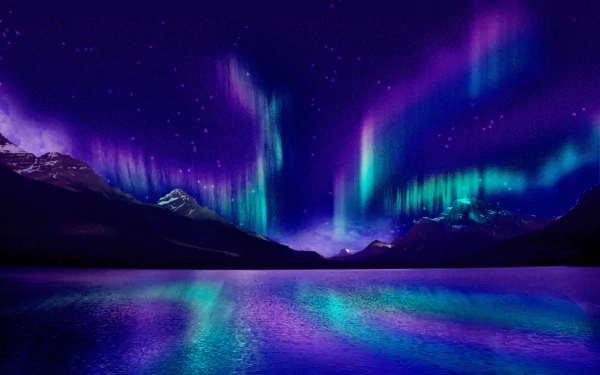 A captivating display of the aurora borealis illuminates the night sky over mountains, reflecting vibrant colors in a tranquil lake. A stunning nature-themed HD desktop wallpaper.