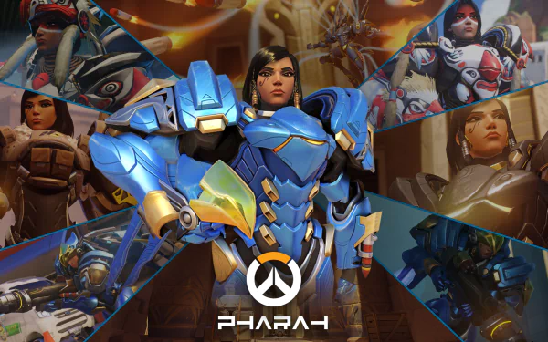 Dynamic HD wallpaper featuring Pharah from Overwatch, showcasing her iconic blue armor and various action poses from the game, complete with the Overwatch logo.