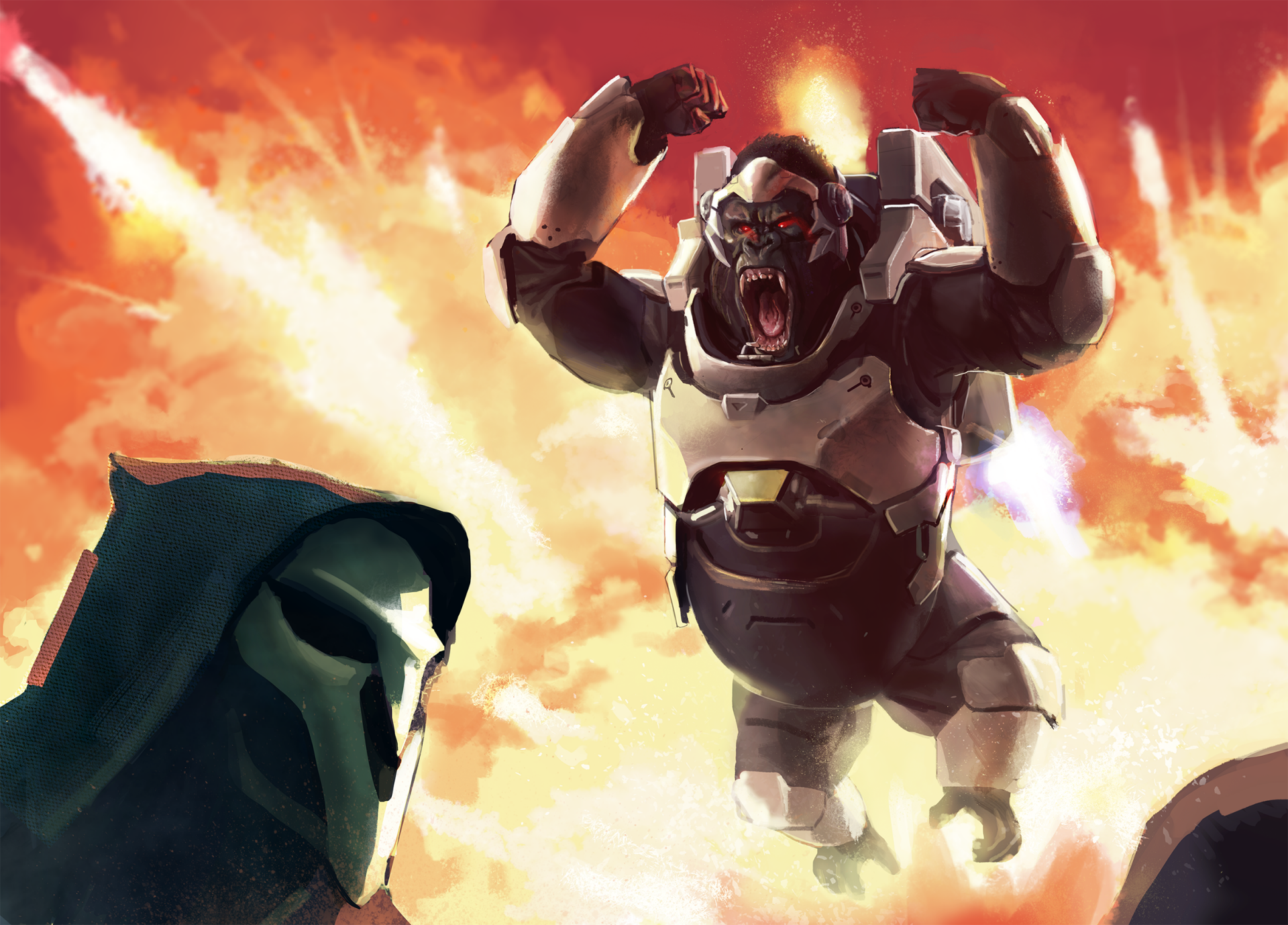 HD PC desktop wallpaper featuring Winston and Reaper from the video game Overwatch, set against a fiery, dramatic background.