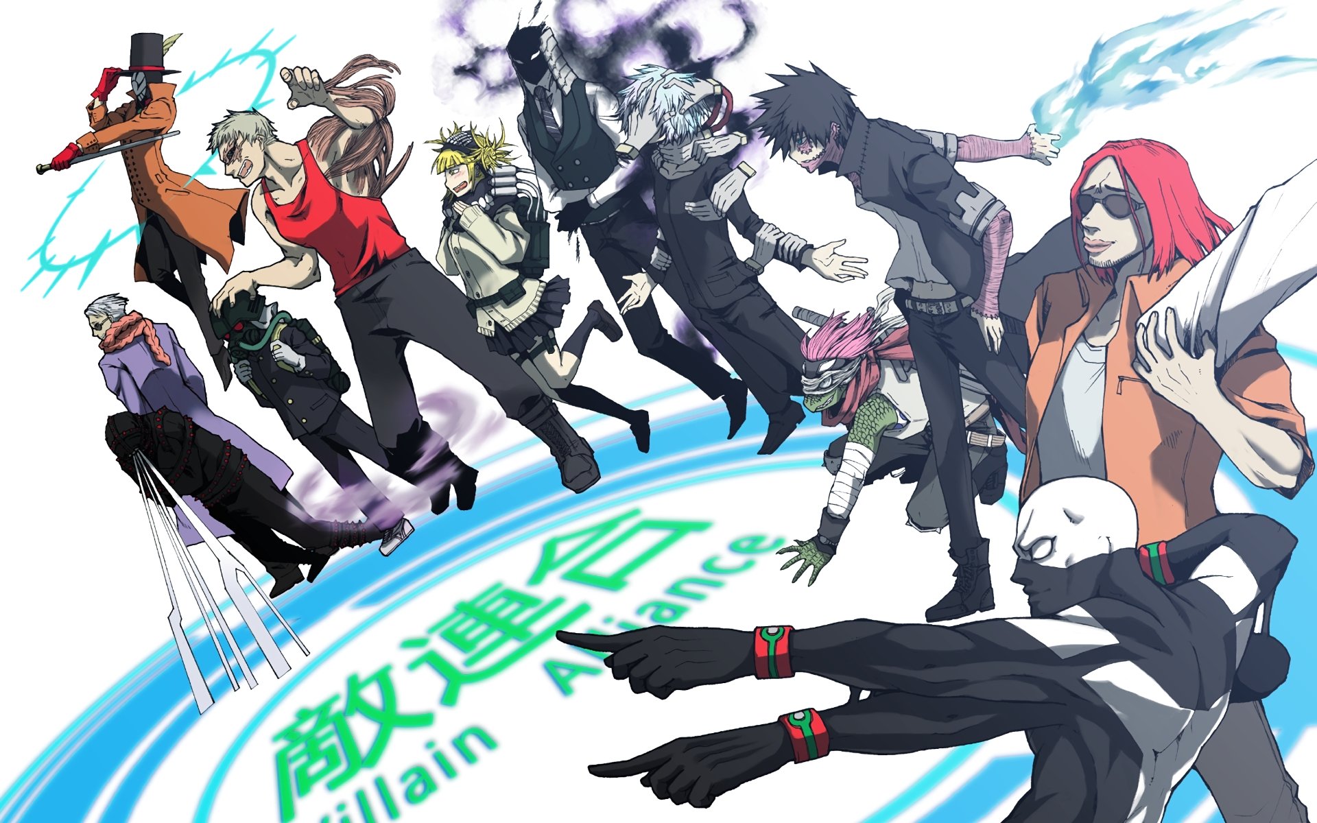 A dynamic HD wallpaper featuring iconic villains from My Hero Academia, including Kurogiri, Dabi, Mustard, and more, set against a striking backdrop of Villain Alliance branding.
