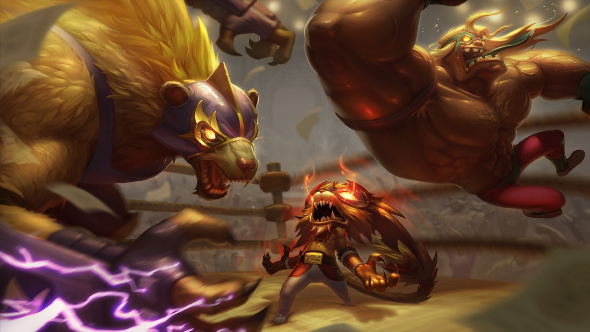 HD PC desktop wallpaper featuring Dr. Mundo, Volibear, and Gnar from the video game League of Legends in an intense battle scene.