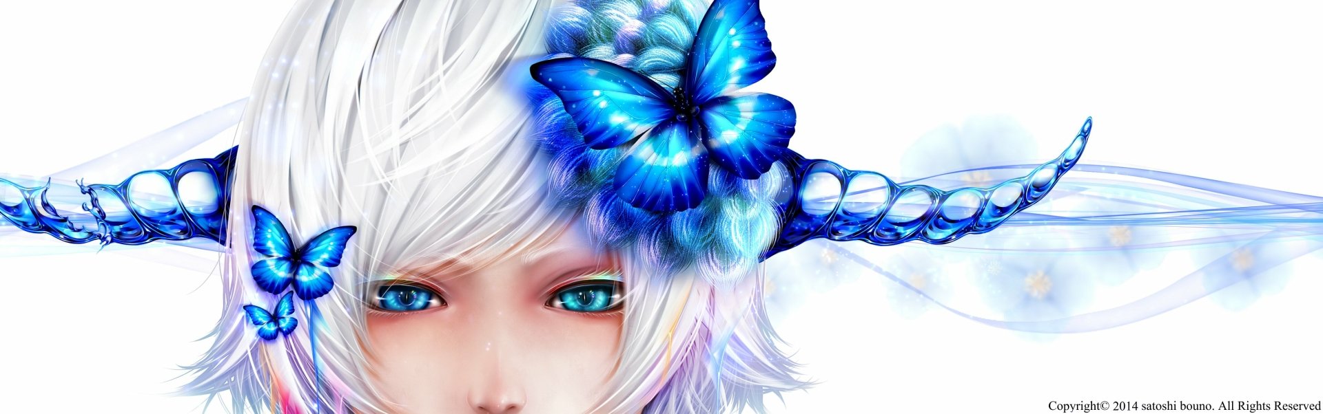 Fantasy anime girl with white hair, blue eyes, and horns, adorned with a vibrant blue butterfly. The image has a white background, making it a striking HD desktop wallpaper.