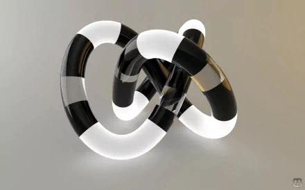 Abstract 3D CGI art featuring intertwined black and white loops, creating a striking visual contrast. This HD wallpaper serves as an artistic desktop background.