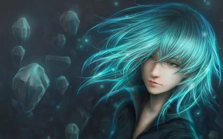 A stunning HD wallpaper featuring Tatsumaki from One-Punch Man, showcasing her vibrant green hair and eyes, surrounded by floating rocks in a dark, mystical background.