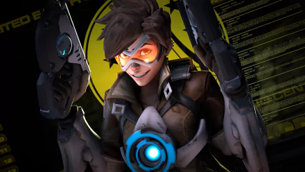 4K Ultra HD PC wallpaper featuring Tracer from the video game Overwatch, showcasing her dynamic pose with dual pulse pistols and signature chronal accelerator.