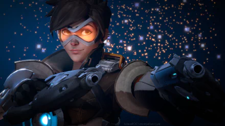 HD wallpaper featuring Tracer from Overwatch, showcasing her dynamic pose and signature goggles against a backdrop of swirling lights.