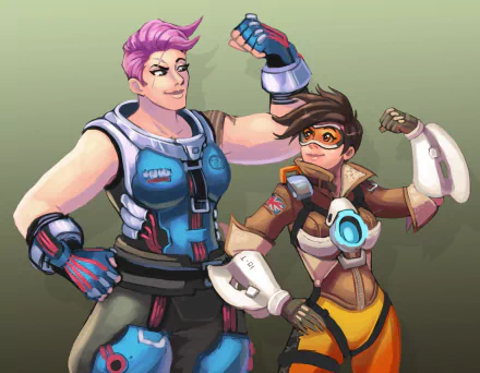 HD PC desktop wallpaper featuring Zarya and Tracer from the video game Overwatch, showcasing dynamic poses and vibrant colors.