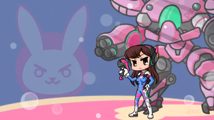 HD PC desktop wallpaper featuring a chibi-style D.Va from Overwatch with her iconic mech and bunny logo in the background.