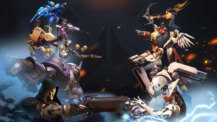 HD PC desktop wallpaper featuring Overwatch heroes including Reaper, Reinhardt, Zenyatta, Bastion, Widowmaker, Pharah, Symmetra, Winston, Tracer, Mercy, Torbjörn, and Hanzo in dynamic poses.