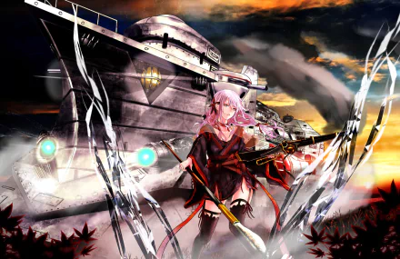 Inori Yuzuriha from the anime Guilty Crown stands confidently in front of a stylized backdrop featuring a futuristic ship, set against a dramatic sunset. HD desktop wallpaper.