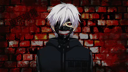 A striking HD wallpaper of Ken Kaneki from the anime Tokyo Ghoul, showcasing his iconic duality against a gritty red brick background.