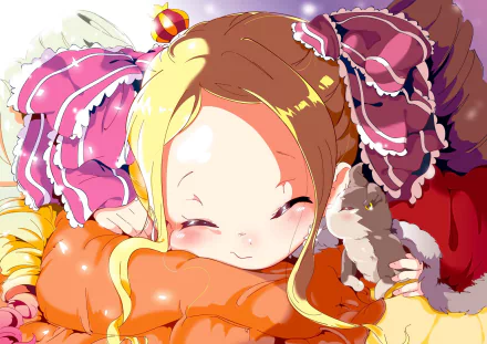 A vibrant HD desktop wallpaper featuring Beatrice and Pack from the anime Re:Zero - Starting Life in Another World. Beatrice, with flowing blonde hair and elaborate dress details, snuggles with Pack.