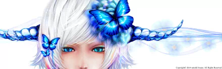 Fantasy anime girl with white hair, blue eyes, and horns, adorned with a vibrant blue butterfly. The image has a white background, making it a striking HD desktop wallpaper.