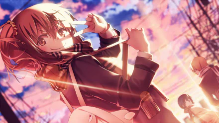 HD PC desktop wallpaper featuring Ayuko Uehara, Saki Iwasawa, and Kanaka Amaya from the anime Aiura against a vibrant, colorful sunset background.