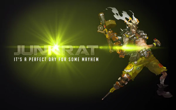 HD desktop wallpaper featuring Junkrat from Overwatch, showcasing his explosive personality with the caption, It's a perfect day for some mayhem.