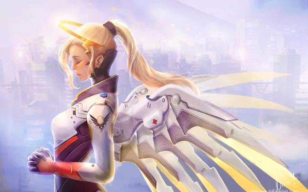 HD desktop wallpaper of Mercy from Overwatch, featuring the angelic character with golden wings and a serene background.