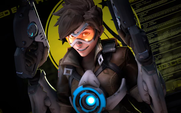4K Ultra HD PC wallpaper featuring Tracer from the video game Overwatch, showcasing her dynamic pose with dual pulse pistols and signature chronal accelerator.
