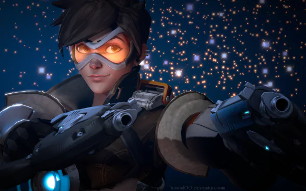 HD wallpaper featuring Tracer from Overwatch, showcasing her dynamic pose and signature goggles against a backdrop of swirling lights.