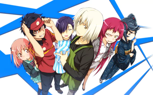 A vibrant HD wallpaper featuring characters from The Devil Is a Part-Timer!: Hanzō Urushihara, Shirō Ashiya, Chiho Sasaki, Suzuno Kamazuki, Sadao Maou, and Emi Yusa.