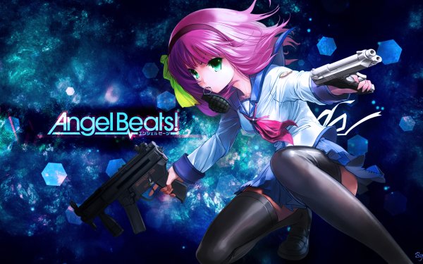 Anime Angel Beats! Yuri Nakamura Weapon Gun Grenade Pistol Handgun Skirt Uniform Green Eyes Pink Hair Headband Thigh Highs HD Wallpaper | Background Image