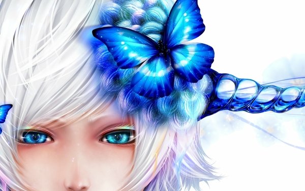 Anime Original Fantasy Butterfly Blue Horns White White Hair Blue Eyes HD Wallpaper | Background Image
