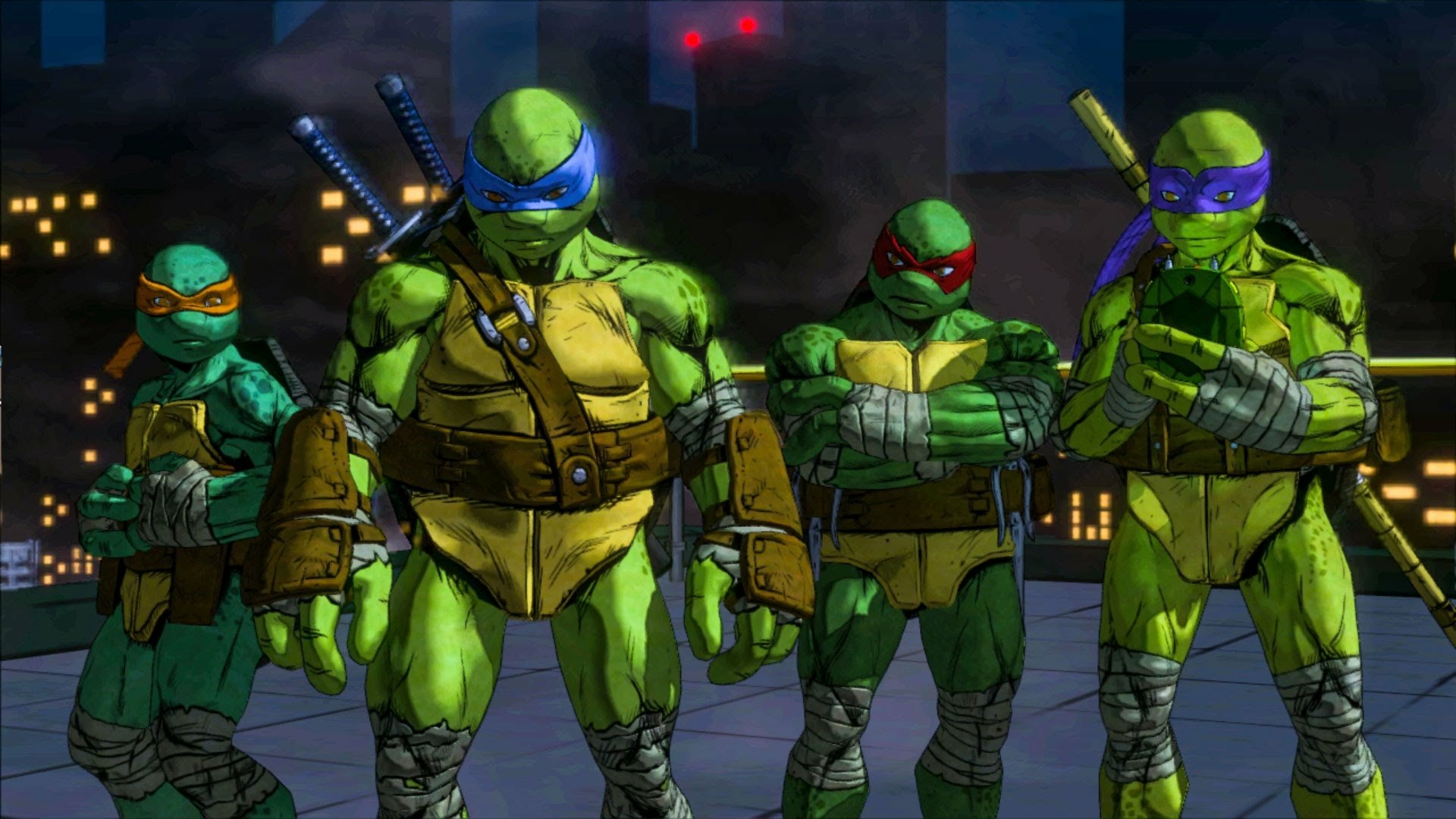HD wallpaper featuring the Teenage Mutant Ninja Turtles from Mutants in Manhattan game, posed and ready for action.