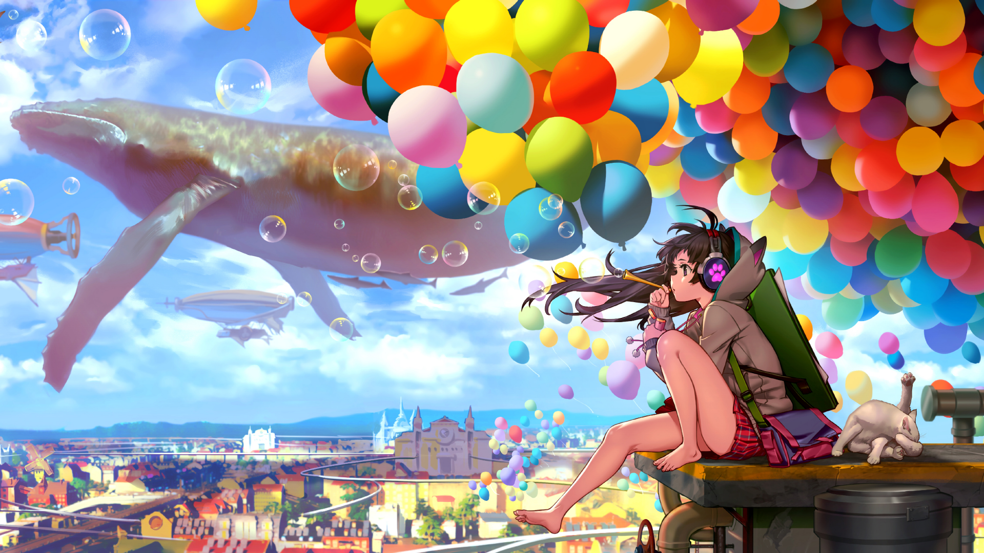 An anime-style HD desktop wallpaper featuring a girl with headphones sitting on a ledge, surrounded by colorful balloons, a whale swimming in the sky, and a vibrant cityscape below.