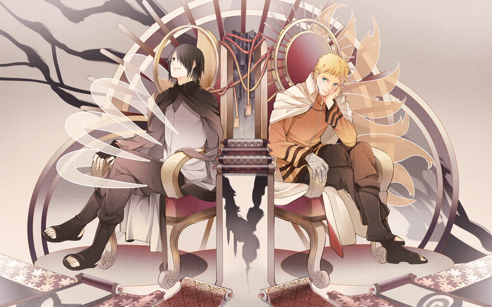 HD wallpaper featuring Sasuke Uchiha and Naruto Uzumaki from the anime series Boruto. They are seated on ornate chairs with a creative background, offering an artistic and dynamic visual.