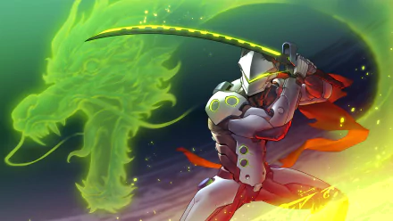 HD desktop wallpaper of Genji from the video game Overwatch, depicting him in an action pose with his sword, accompanied by a glowing green dragon silhouette in the background.