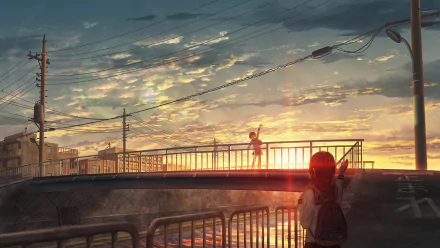 HD desktop wallpaper of an anime scene depicting two characters on a bridge during a sunset, with power lines and a warm sky adding to the serene atmosphere.