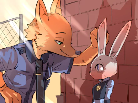 Nick Wilde and Judy Hopps from the movie Zootopia interact in this HD desktop wallpaper, showcasing their unique bond and dynamic personalities.