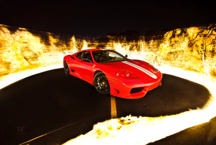 Red Ferrari 360 Challenge Stradale supercar on a dark road encircled by stylized flames — high-contrast 4K Ultra HD PC desktop wallpaper background