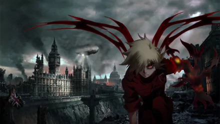 An intense HD anime wallpaper featuring a character from Hellsing, set against a dark, stormy London backdrop with gothic architecture and dramatic red wings.