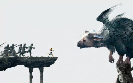 A stunning HD wallpaper from The Last Guardian, featuring a colossal creature confronting a small character, set against a stark, minimalist background with ancient ruins and armed figures.