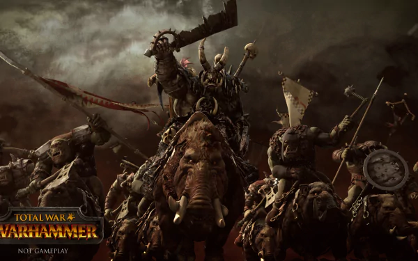 HD desktop wallpaper featuring Total War: Warhammer characters ready for battle with dark, ominous clouds in the background.