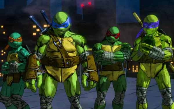 HD wallpaper featuring the Teenage Mutant Ninja Turtles from Mutants in Manhattan game, posed and ready for action.