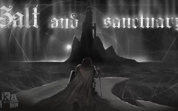 HD wallpaper of 'Salt and Sanctuary' featuring a knight gazing at a distant castle under a moonlit sky.