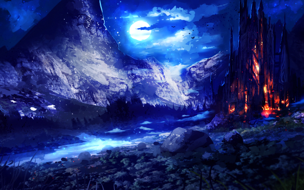 Fantasy Landscape Building Night Mountain Moon HD Wallpaper | Background Image