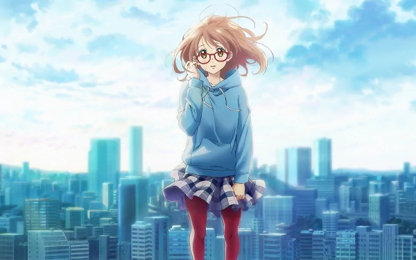 Anime character Mirai Kuriyama from Beyond the Boundary stands against a cityscape background with a bright sky. This HD wallpaper captures her wearing red glasses and a blue hoodie.
