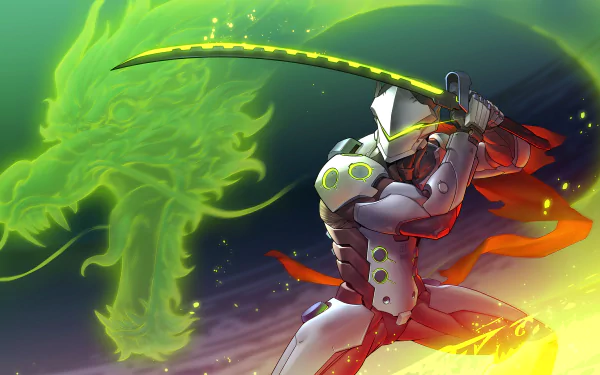 HD desktop wallpaper of Genji from the video game Overwatch, depicting him in an action pose with his sword, accompanied by a glowing green dragon silhouette in the background.
