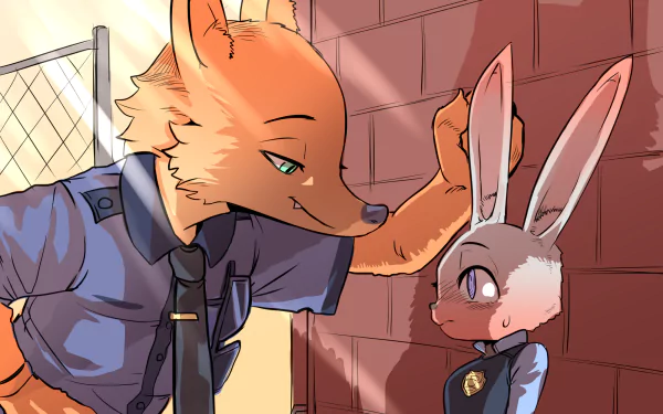 Nick Wilde and Judy Hopps from the movie Zootopia interact in this HD desktop wallpaper, showcasing their unique bond and dynamic personalities.