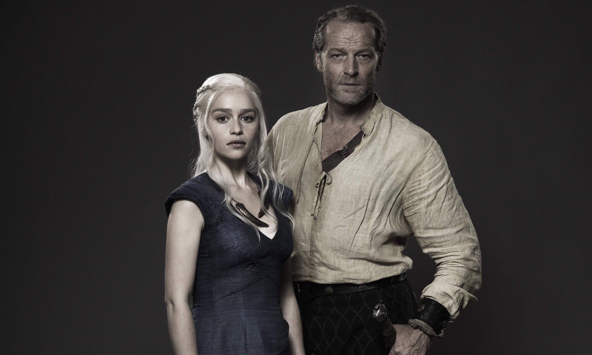 Daenerys Targaryen and Jorah Mormont from Game of Thrones, standing together in a moody HD PC desktop wallpaper/background.